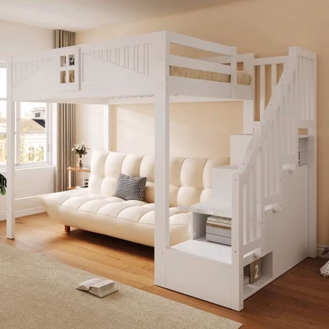 Letto a soppalco 140×200 cm 1 posto con scala contenitore reversibile e barriere, senza materasso, in legno bianco