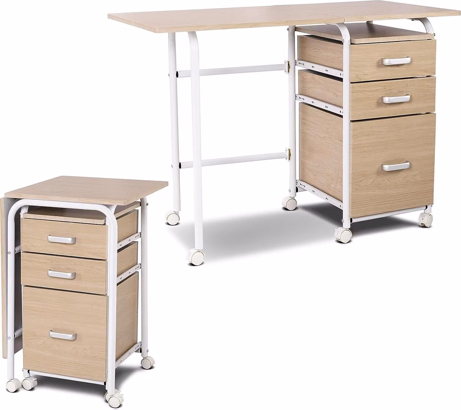 COSTWAY Scrivania pieghevole per computer con 3 cassetti e rotelle, scrivania con struttura in metallo, scrivania salvaspazio per ufficio, scrivania pieghevole per piccoli spazi, 105 x 50 x 75 cm (naturale)