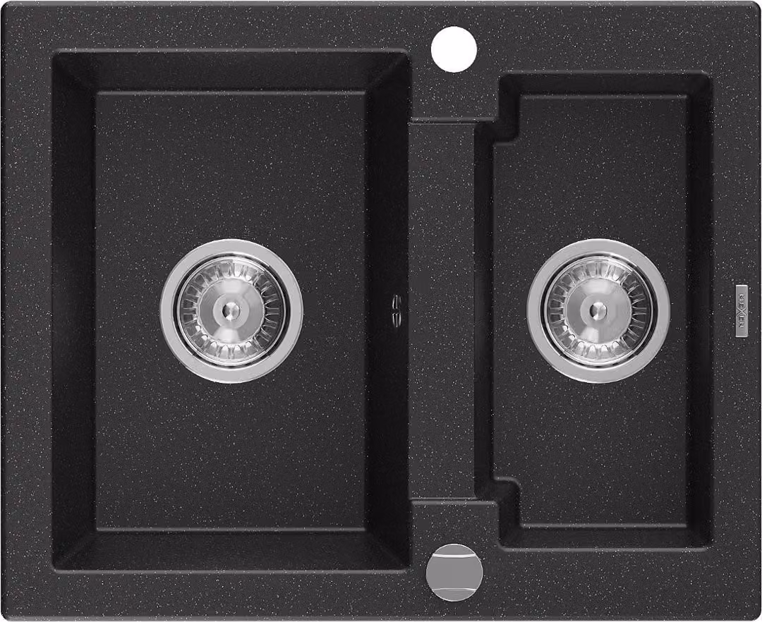 Mexen Carlos lavello in granito 1,5 vasche 582 x 475 mm, nero/argento metallizzato, sifone cromato - 6518581500-73