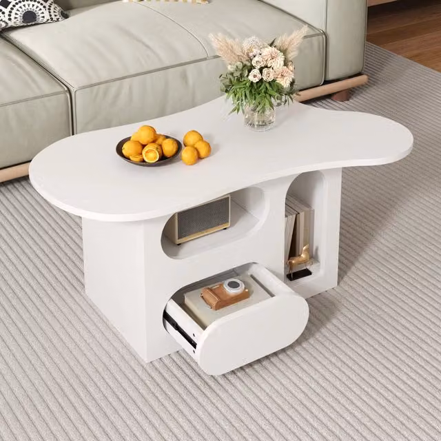 Tavolino basso fisso da salotto con cassetti e vani aperti; piano effetto nuvola; bianco; 97 × 45 × 43.5 cm