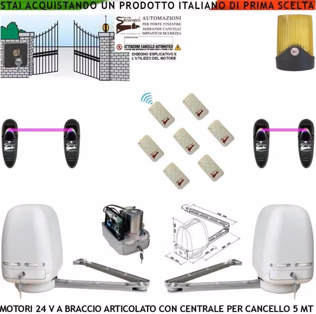 Cancello Elettrico Kit Motori a Braccio Articolato 24 V 2 Ante da 0,5 a 2,5 MT Centrale 220/24 V Selettore 7 Radiocomandi Faro 2 Coppie Fotocellule