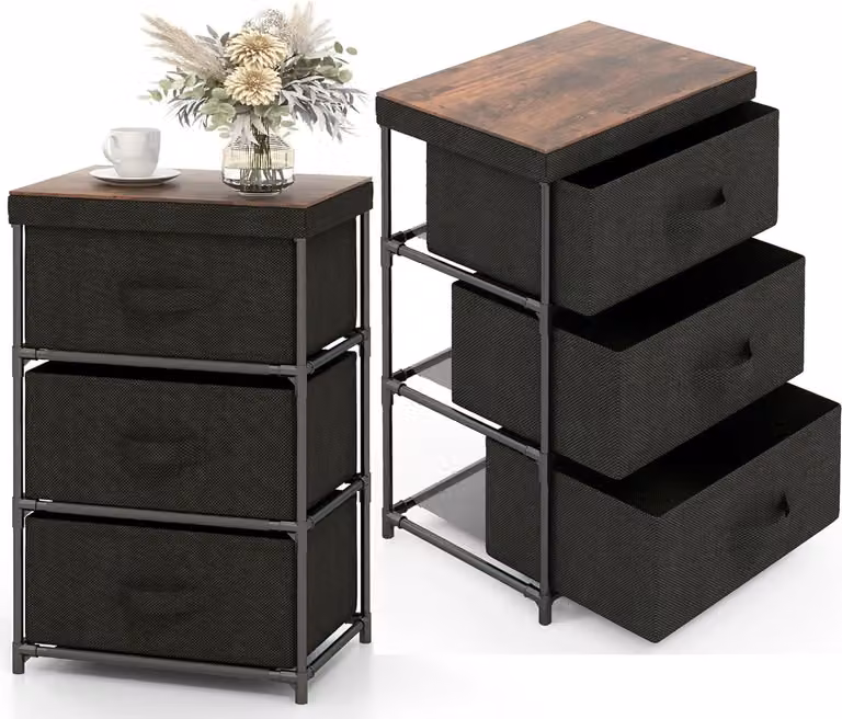 Comodino KOMFOTTEU con 3 cassetti estraibili e pieghevoli, mobile contenitore in tessuto, robusto telaio in metallo, ideale per camera da letto, soggiorno, ufficio, studio (nero, 2 pezzi)