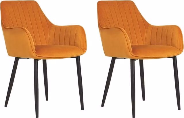 Set di 2 sedie da pranzo Beliani con braccioli in velluto arancione e gambe in metallo nero stile Retro Glam – 1