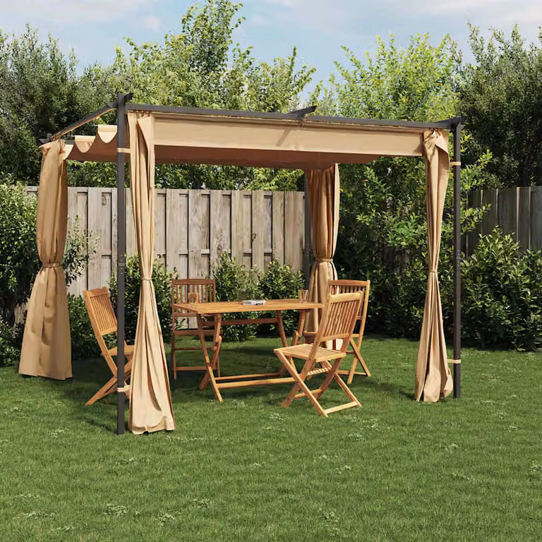 vidaXL Gazebo con Tende in Acciaio e Poliestere Grigio e Beige L: 300 cm, P: 300 cm, H: 230 cm