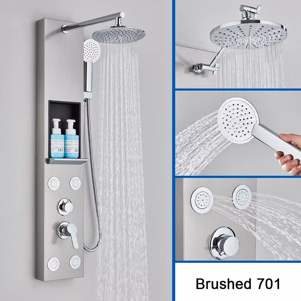 Pannello doccia - Colonna doccia con soffione a pioggia - Illuminazione LED - Getto d'acqua a cascata - Ugelli massaggio e getti spa - Montaggio a parete - Miscelatore monocomando - Finitura spazzolata - Modello 701