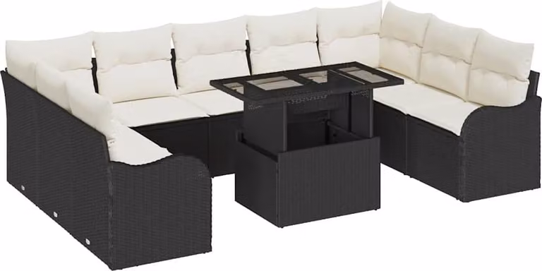 Set Divano da Giardino con cuscino 10 pcs Nero Poly Rattan