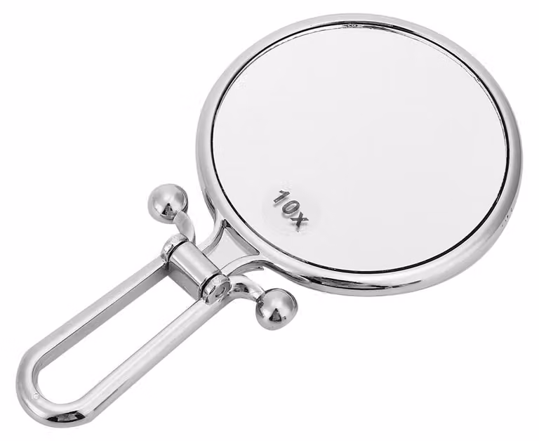 Specchio da trucco pieghevole con ingrandimento 10x, con superficie riflettente su entrambi i lati, ideale per viaggi (argento)
