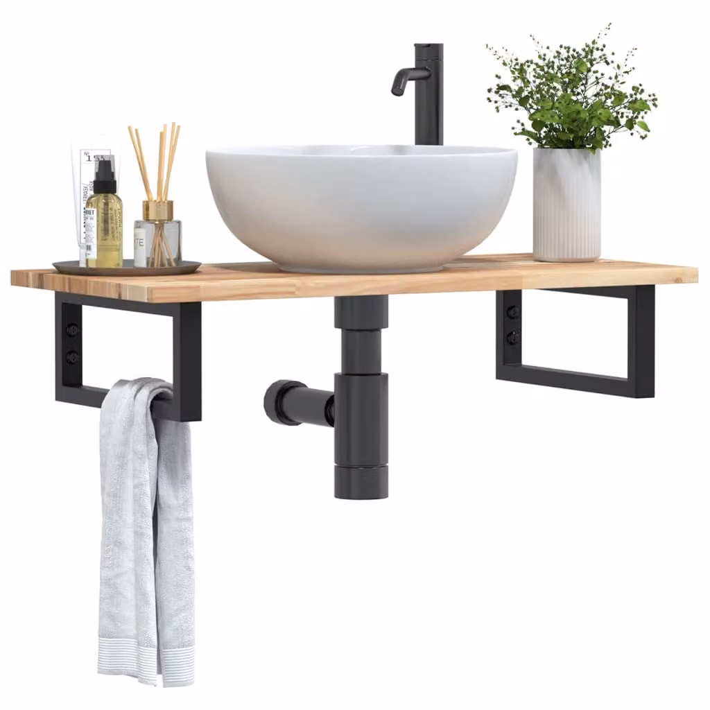 vidaXL Ripiano a Parete per Lavabo in Acciaio e Legno di Acacia, Nero e Marrone, L: 40 cm, P: 17 cm, H: 3 cm