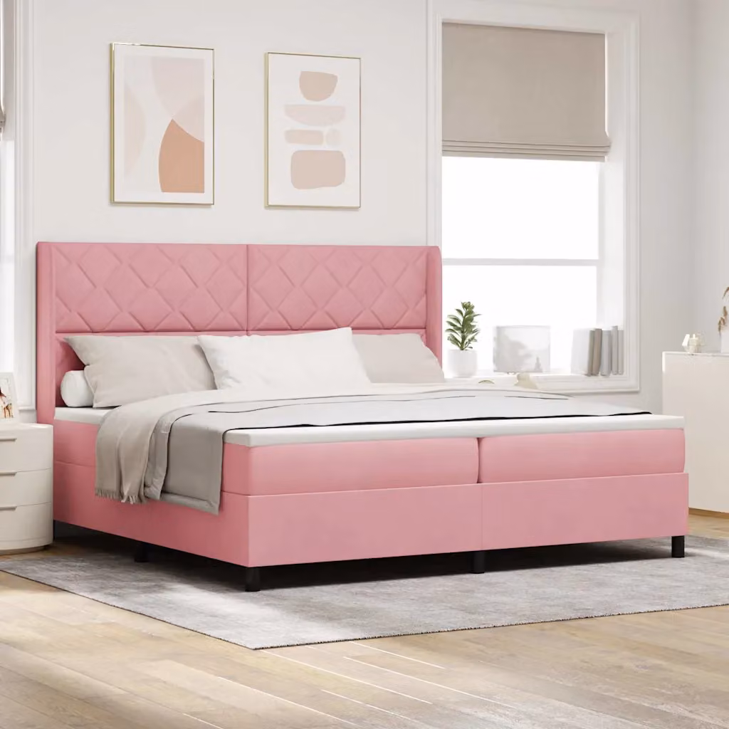 Letto a molle con testiera vidaXL in velluto rosa, L/P: 200 x 200 cm