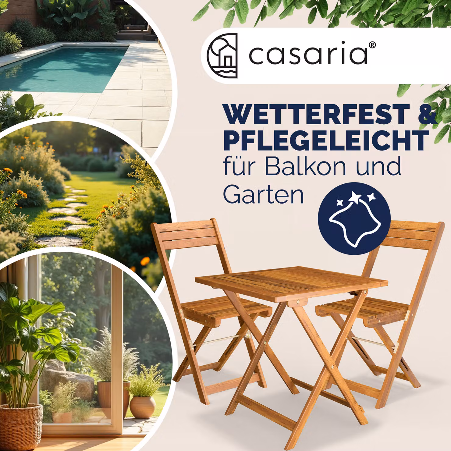 Set da giardino Casaria composto da tavolo quadrato e 3 sedie in legno di acacia color marrone – 2