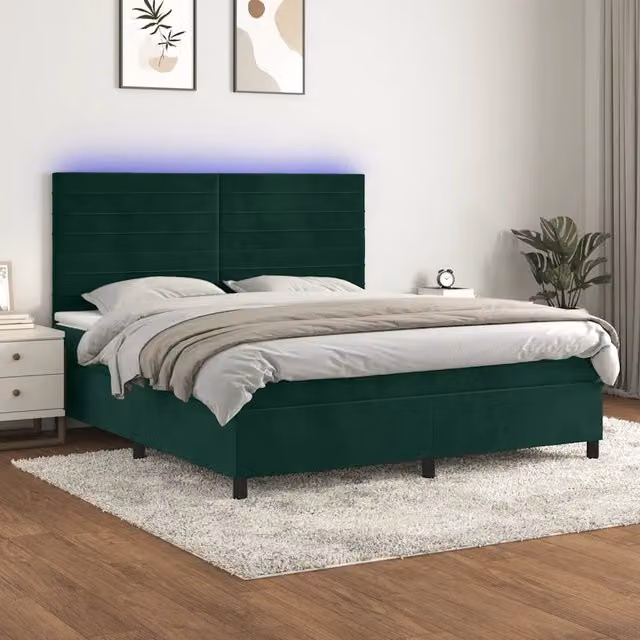 Letto matrimoniale con materasso ibrido vidaXL in velluto verde scuro con illuminazione LED sottostante e porta USB, L/P: 160 x 200 cm