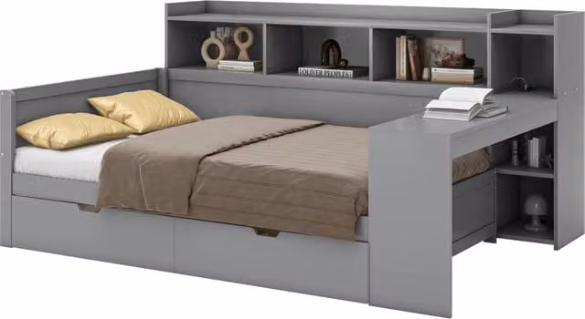 Letto a Divanetto Singolo con 2 Cassetti, Porta USB e Ripiano Integrato, Grigio, L/P/H: 90 x 200 x 110 cm