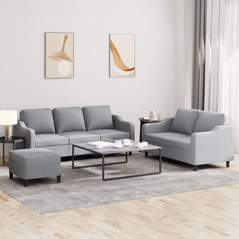 vidaXL Set di Divani Moderno 3 Pezzi con Pouf e Cuscini in Tessuto Grigio Chiaro