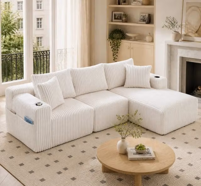Divano modulare con chaise longue e 2 posti; in corduroy beige; 257x160x62 cm