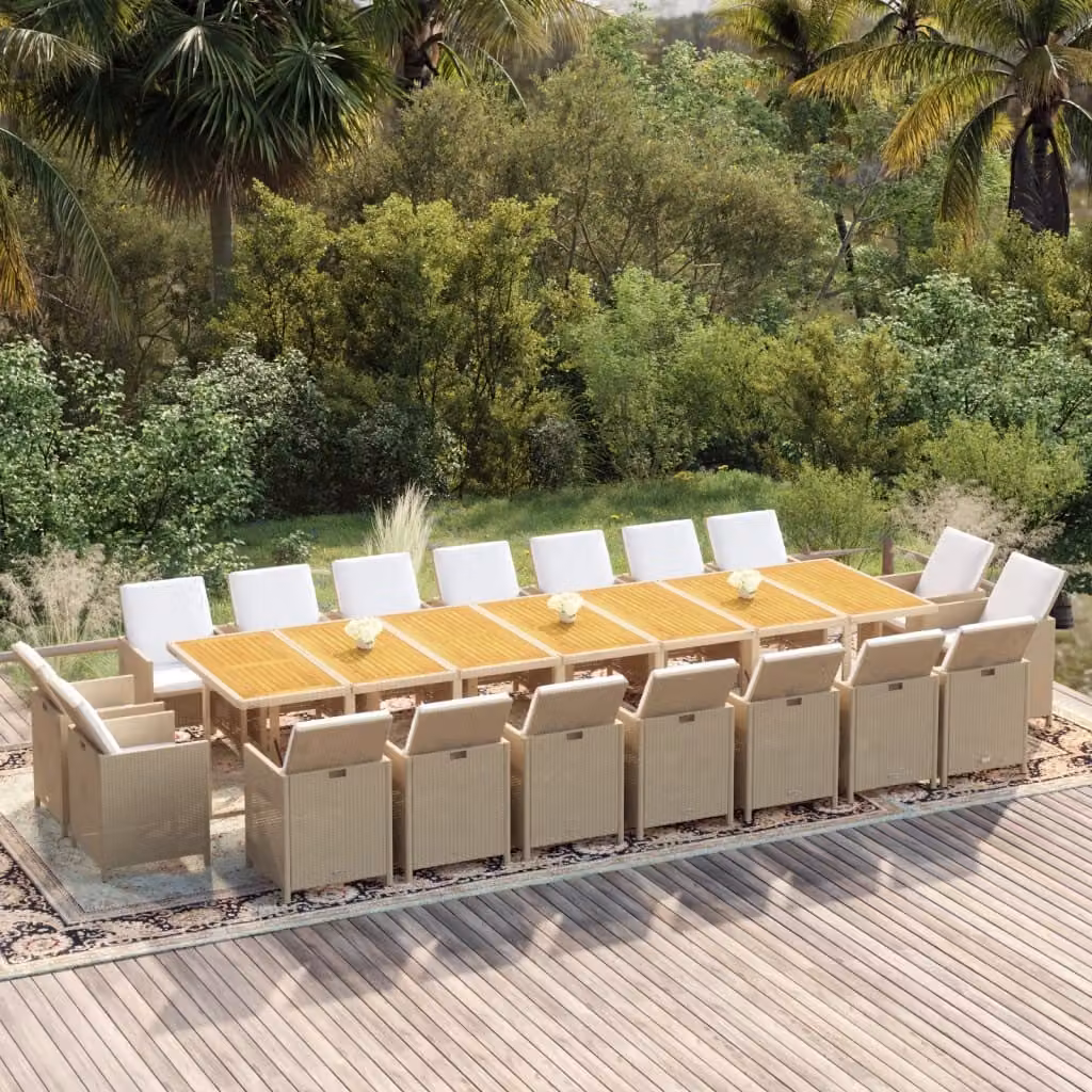 The Living Store Set da pranzo da giardino 19 pezzi con cuscini in polyrattan beige