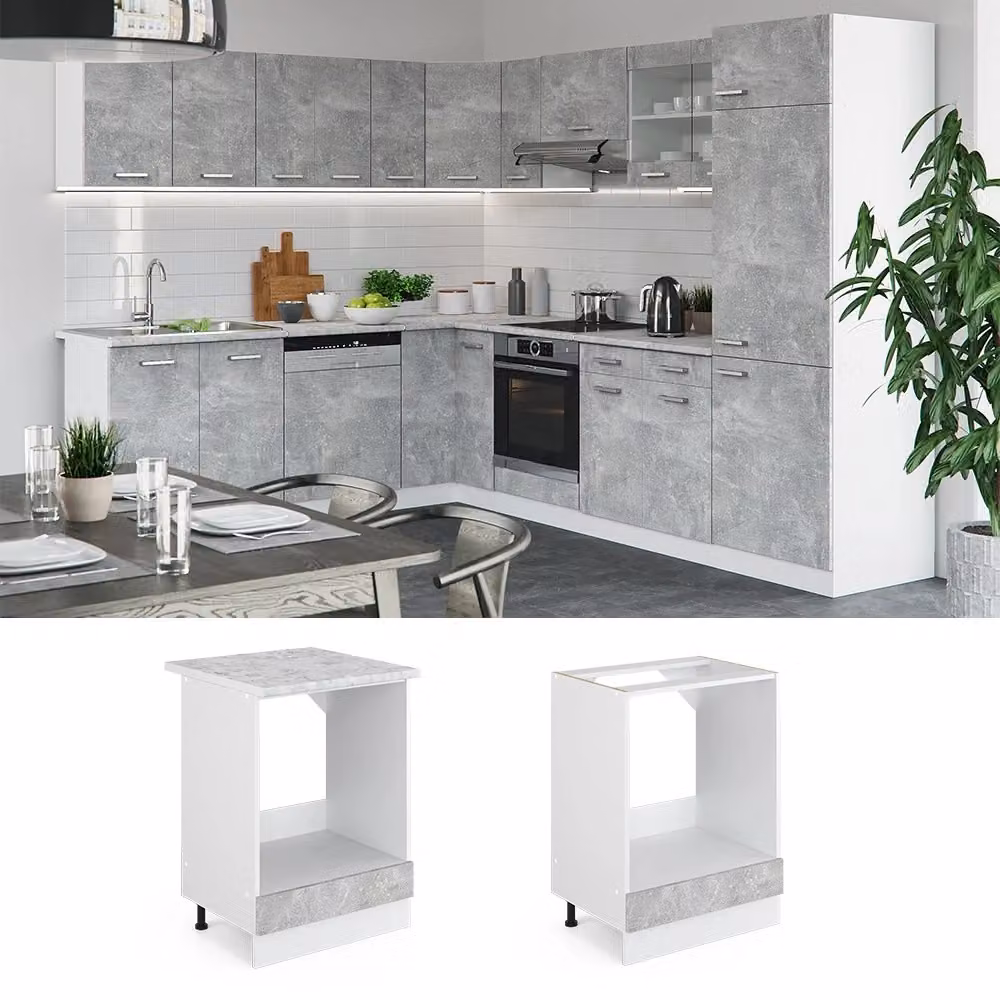 Mobile per forno da incasso R-Line Vicco Calcestruzzo/Bianco con finitura Rovere, L: 60 cm, P: 60 cm, H: 81,6 cm – 2