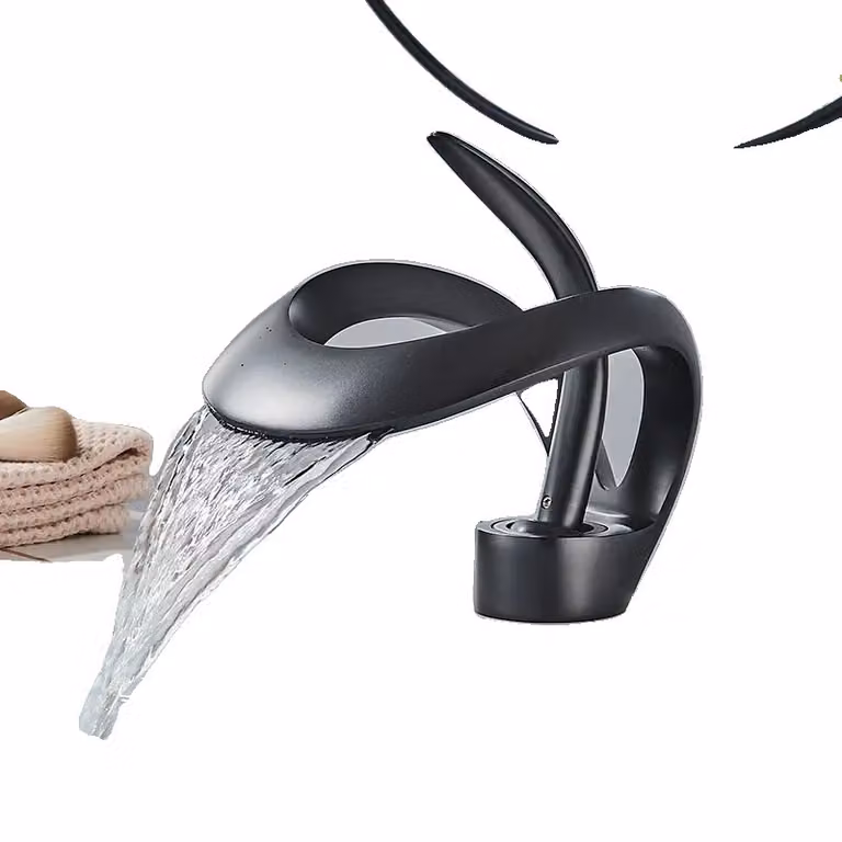 Rubinetteria moderna per bagno, monocomando, miscelatore a cascata da appoggio, colore nero