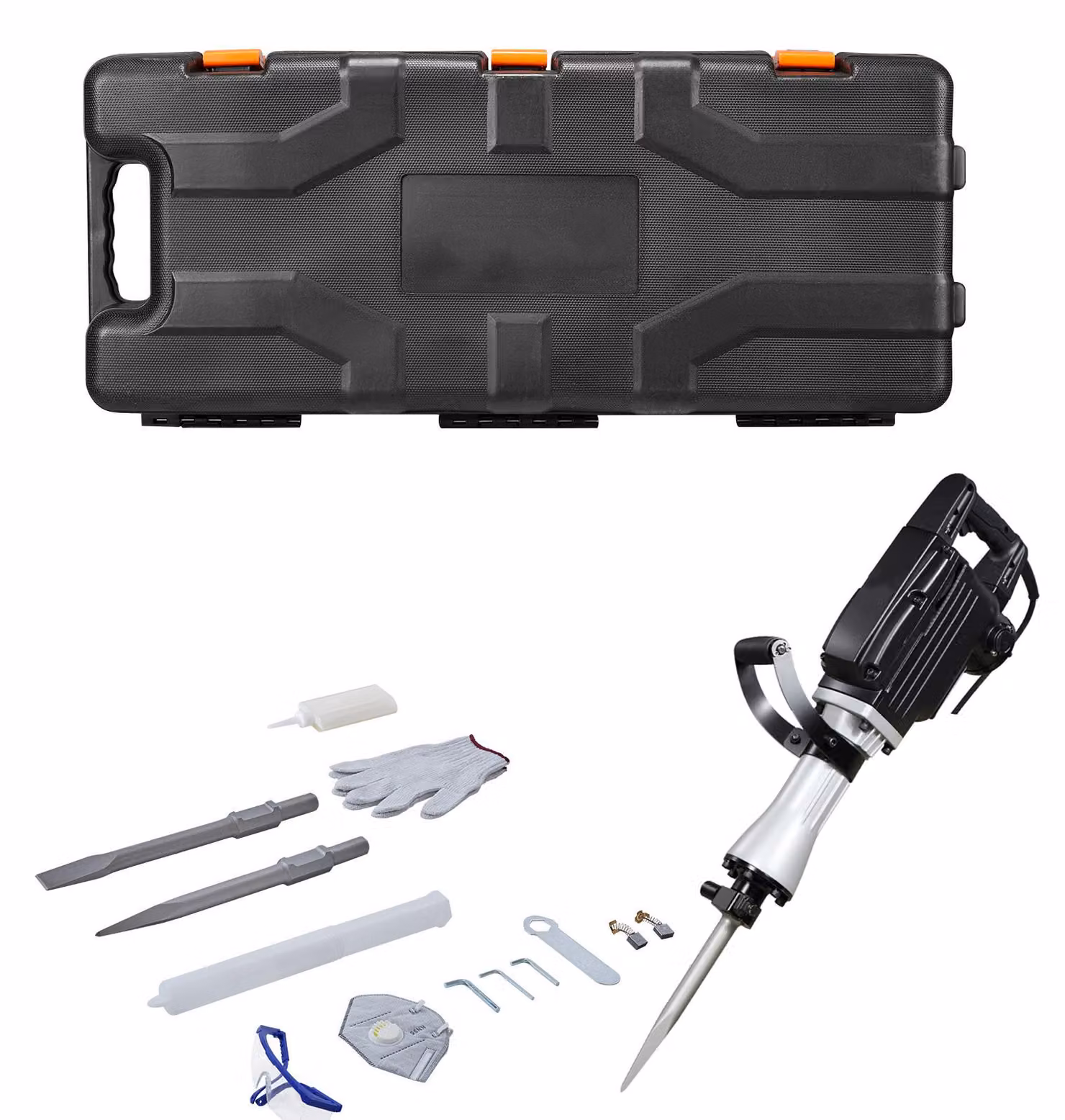 Martello demolitore elettrico SucceBuy da 2800 W, 1200 colpi al minuto, con scalpello a punta e scalpello piatto, valigetta di trasporto, guanti e occhiali protettivi – adatto per calcestruzzo, pareti, mattoni, piastrelle e fondamenta