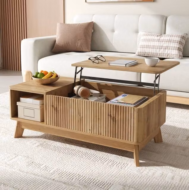 Tavolino da salotto in MDF con piano regolabile, vano aperto laterale e design a onde tridimensionali, 95x48x50 cm, colore naturale