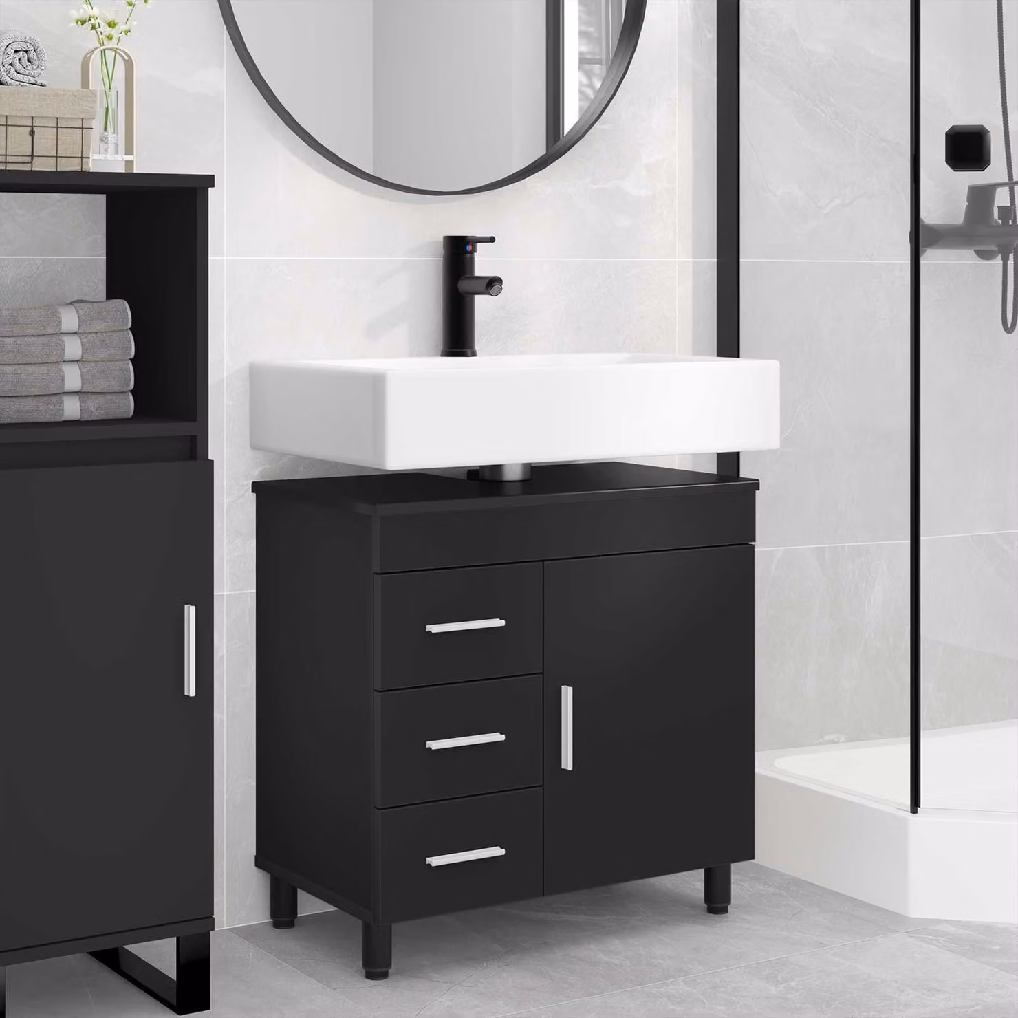 Mobiletto da bagno moderno vidaXL Nero opaco con ante a cerniera e ripiani interni L/P/H: 60 x 35 x 60 cm