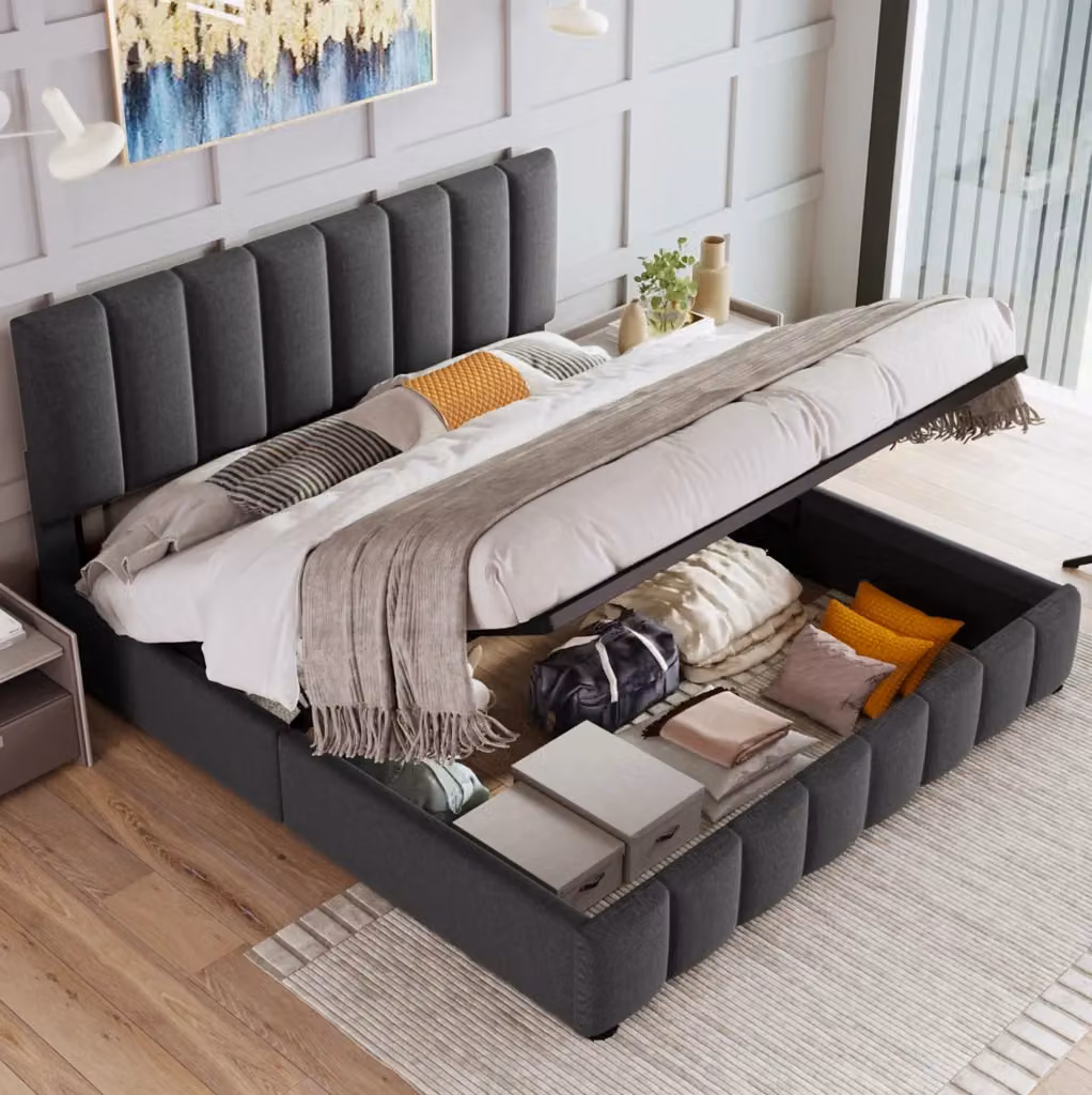 Letto matrimoniale imbottito MODFU grigio con contenitore e base lift up L/P: 140 x 200 cm – 2