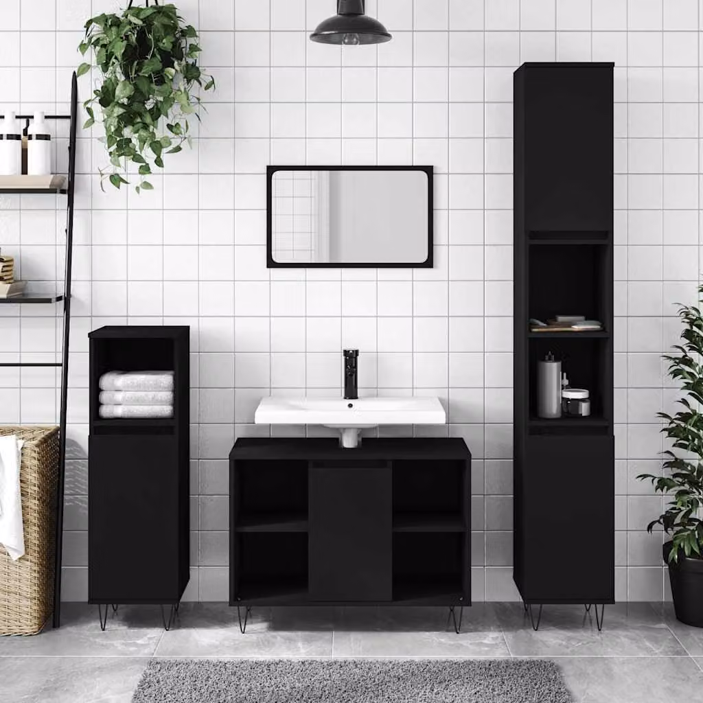 Mobile da bagno vidaXL in stile industriale nero con ante a cerniera e ripiani interni, L 80 cm x P 33 cm x H 60 cm