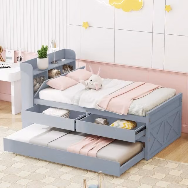 Letto estraibile 90×190 cm, Letto Singolo con 2 Cassetti, USB e Comodino con Ripiano, senza Materasso, in Legno Massello, Grigio