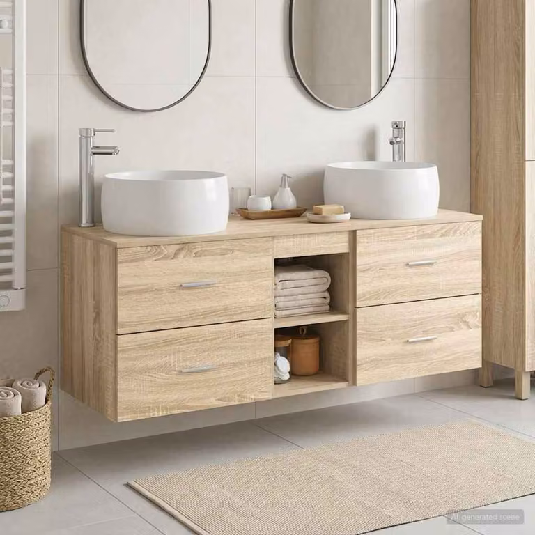 Set di mobili per il bagno moderno vidaXL composto da 3 pezzi in legno marrone con dettagli argento