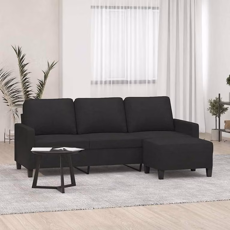vidaXL Divano a 3 Posti Moderno con Poggiapiedi Nero in Tessuto L: 198 cm, P: 80 cm, H: 77 cm