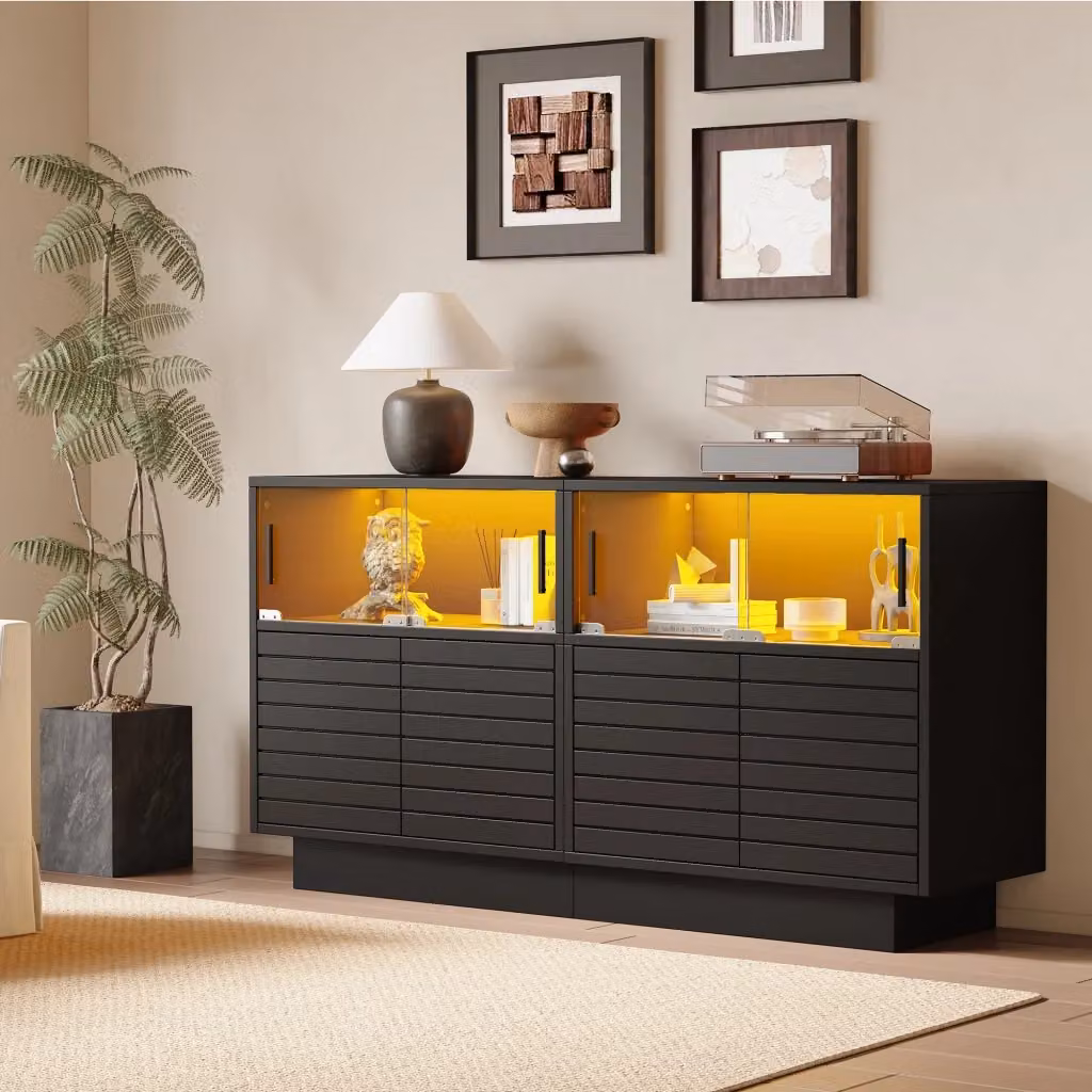 Credenza moderna per soggiorno con 4 ante scorrevoli in vetro e illuminazione LED, colore nero, L 130 x P 35 x H 68 cm – 2