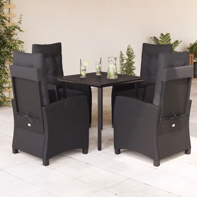 Set da Pranzo da Giardino vidaXL 5 pz in Polyrattan Nero con Piano in Vetro e Cuscini