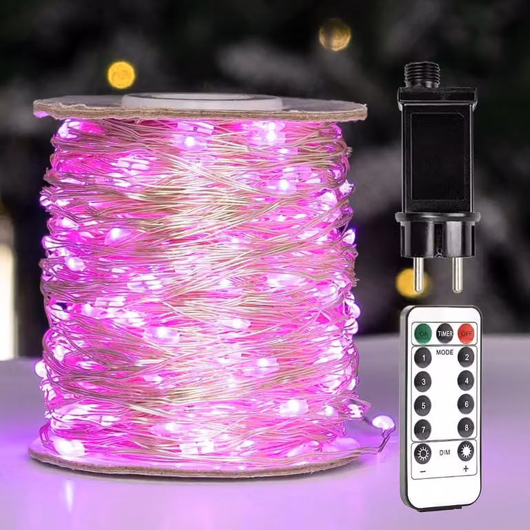 Catena luminosa rosa, 30 metri, 300 LED, con telecomando, dimmerabile, impermeabile