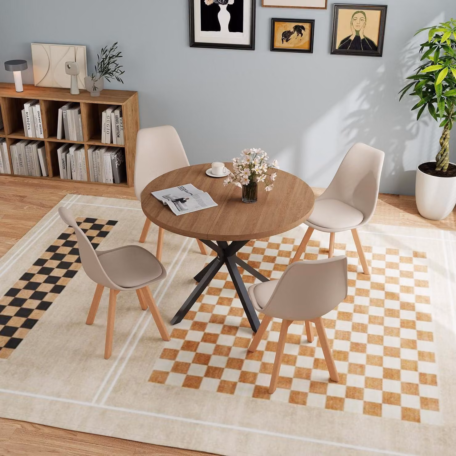 Set da pranzo composto da tavolo e 4 sedie. Tavolo rotondo in legno, diametro 100 cm. Colori: marrone scuro e kaki