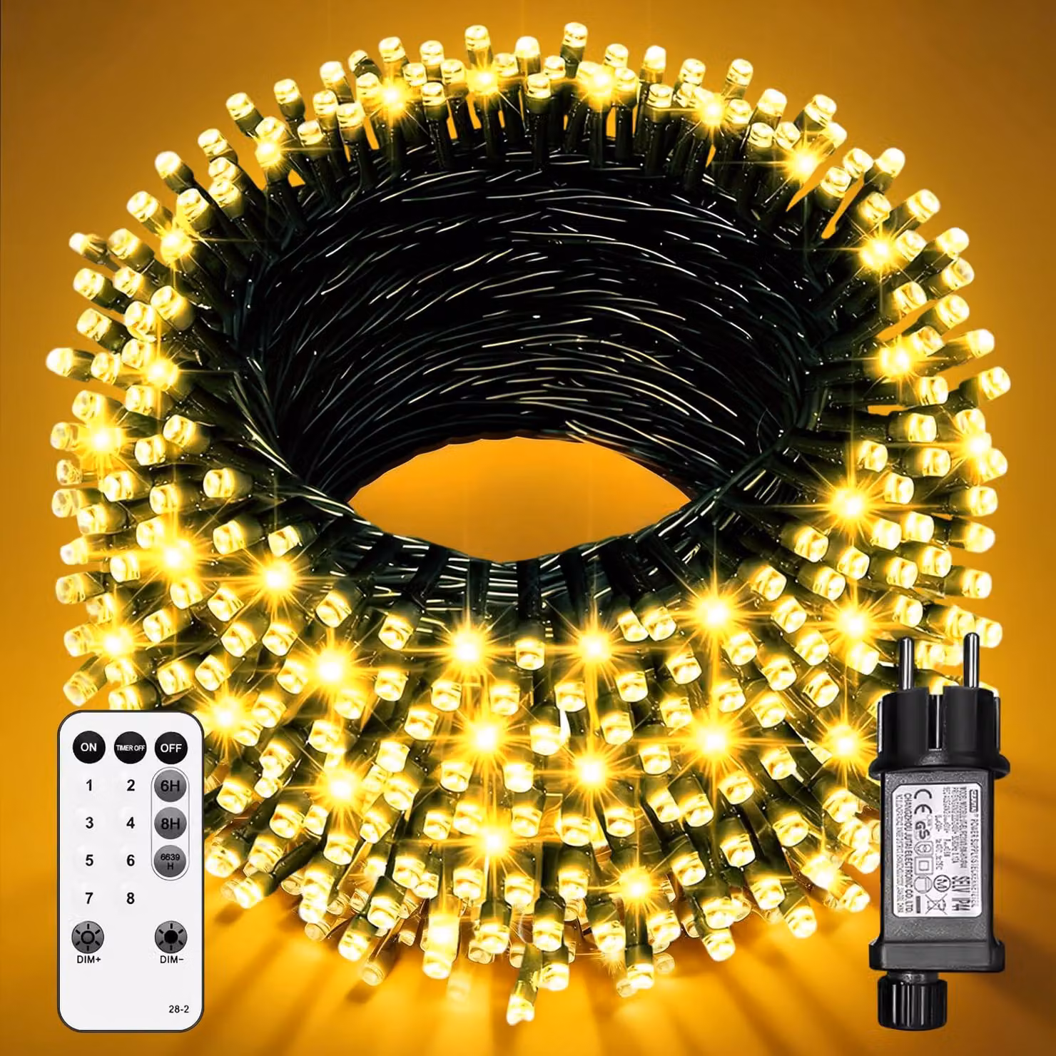 Catena luminosa a LED, 40 metri, 400 LED, luce bianco caldo, grado di protezione IP44, con telecomando