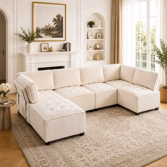 Divano modulare 6 posti 308x154x81.99 cm con tasche laterali in velluto a coste beige