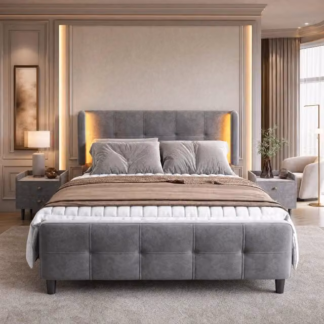 Letto matrimoniale 140x200 cm grigio in velluto, LED a 16 colori, senza materasso
