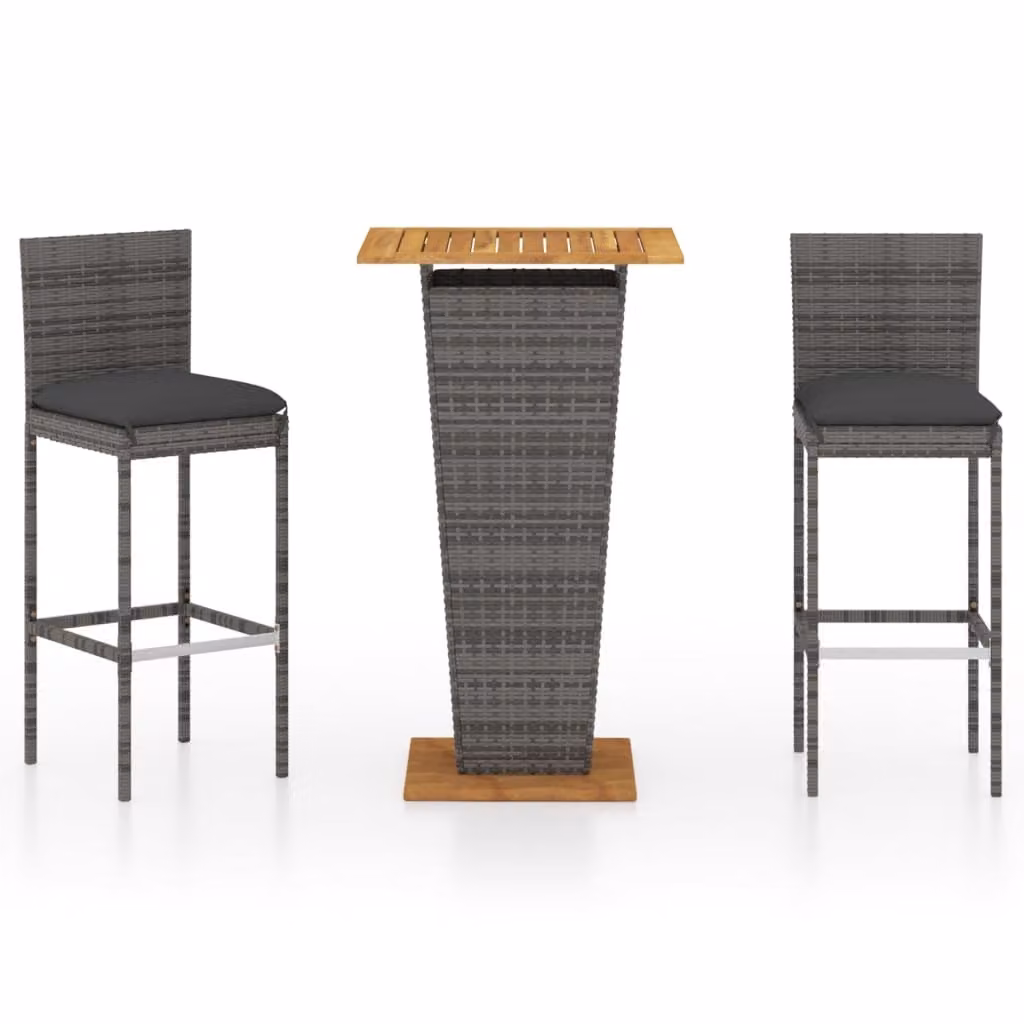 Set Bar da Giardino 3 pz con Cuscini in Polyrattan Grigio