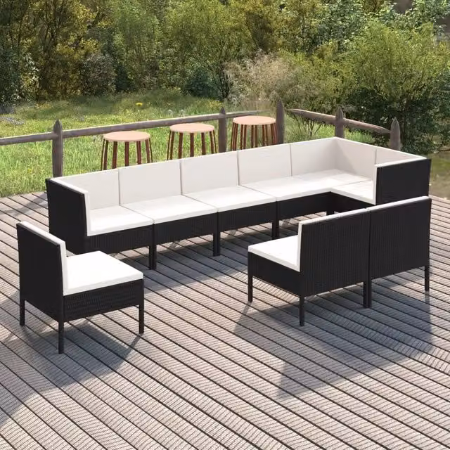 Set di Divani da Giardino vidaXL 9 Pezzi con Cuscini, Struttura in Metallo e Polyrattan, Colore Nero e Bianco