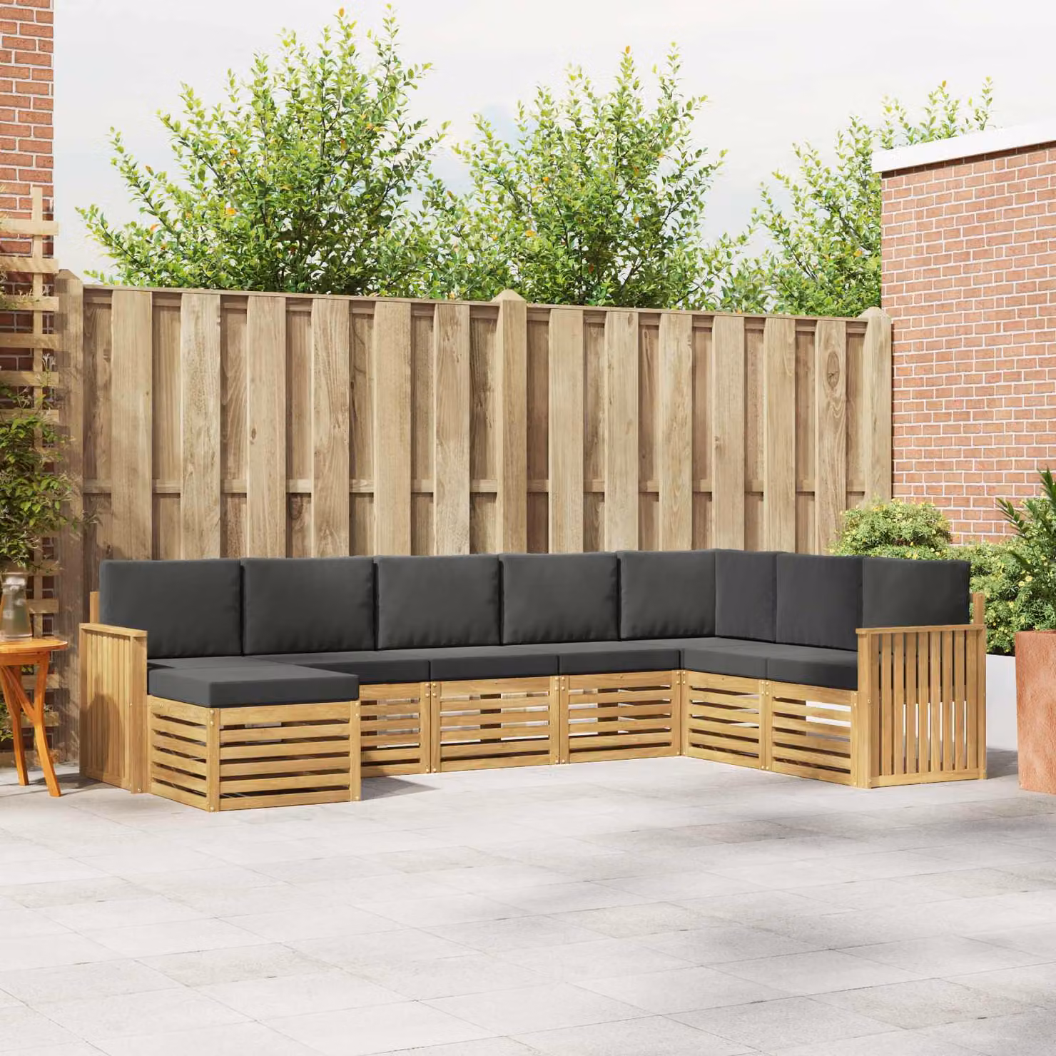 Set di divani da esterno vidaXL a forma di L composto da 8 pezzi con pouf, in legno di acacia e tessuto resistente ai raggi UV, colori bianco, antracite e marrone