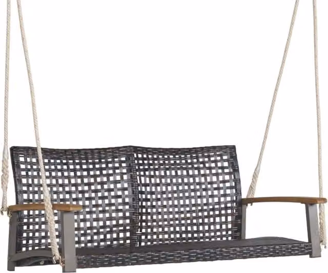 Altalena in rattan PE con 2 corde e schienale curvato, Panca altalena da esterno con 2 posti per portico