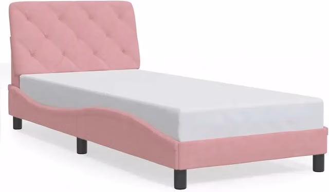 Letto singolo moderno in velluto rosa con struttura in legno e doghe in legno, L/P/H: 90 x 200 cm