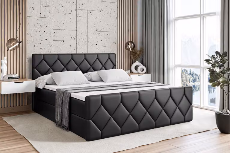 Letto boxspring ALTDECOR con pediera, materasso H4 e topper - 140x200 cm - CATOR-Z - Pelle finta nera - Letto imbottito con contenitore e rete a doghe, letto con spazio contenitivo