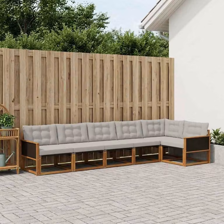 Set di divani da esterno a L vidaXL in legno di acacia con cuscini, 6 pezzi, Beige, Grigio e Marrone