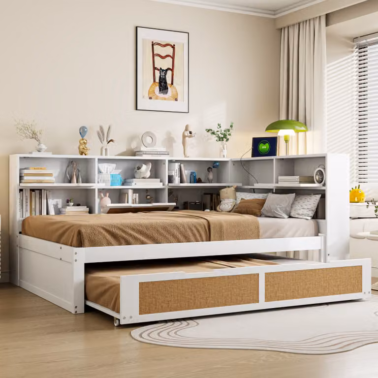 okwish Divano letto 140×200 cm, Letto per bambini Letto matrimoniale con letto estraibile Letto matrimoniale multifunzionale con molti scomparti e connessione di ricarica, Senza materasso, Bianco