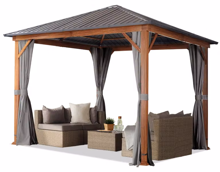 TOOLPORT Gazebo da giardino 3x3 m look legno, tetto Hardtop in acciaio, 4 teli laterali color grigio