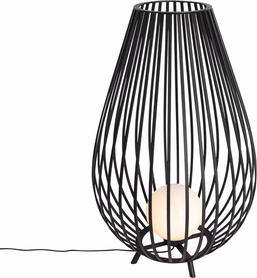 Lampada da terra di design nera con vetro opalino, 110 cm, IP44, Angela