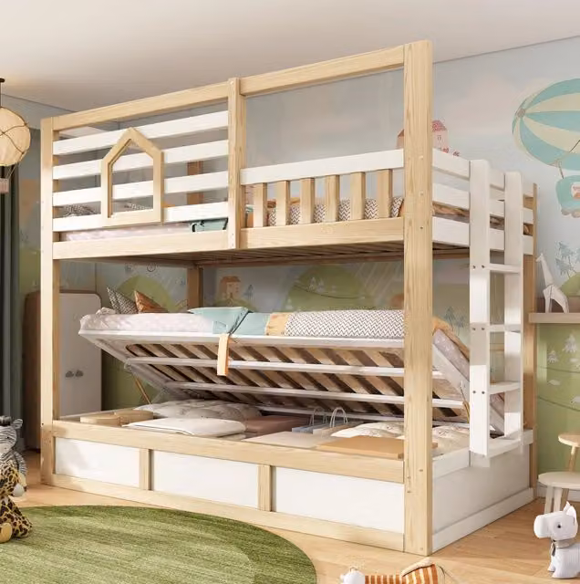 Letto a castello 90x200 cm in stile casetta con barriera di sicurezza; scala e contenitore idraulico; bianco/rovere