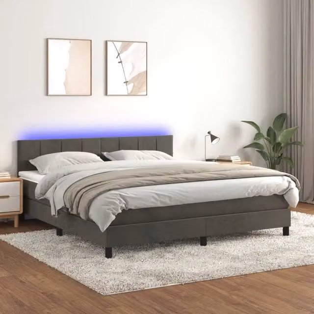 Letto Ibrido vidaXL con Materasso e Illuminazione LED sotto il letto, Rivestimento in Velluto Grigio e Bianco, L/P/H: 160 x 200 x 88 cm – 1