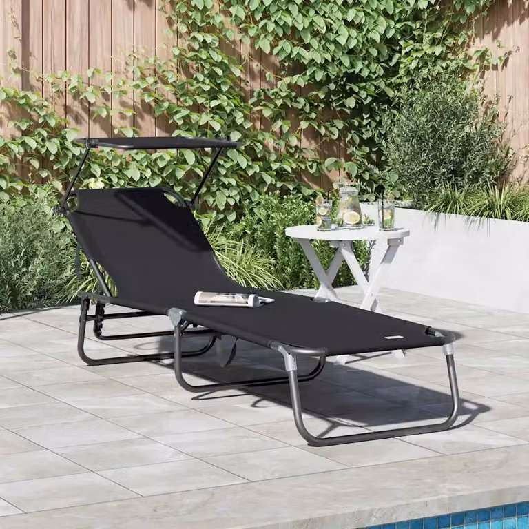 vidaXL Lettino prendisole pieghevole con parasole e poggiatesta regolabile, Nero, L: 190 cm, P: 57 cm, H: 81 cm
