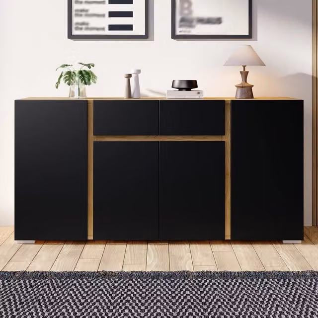 Desviae Madia con 4 ante e 2 cassetti in MDF nero e finitura legno con ripiani regolabili per soggiorno 140 × 35 × 70 cm
